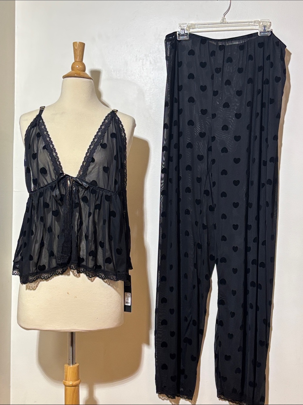 Fashion‎ Nova Black Sheer Heart-Print Lace Trim Pajama Set
